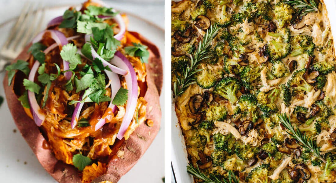 Whole30 dinner recipes with baked sweet potato and chicken casserole.