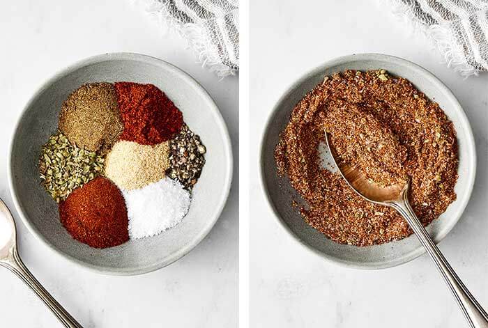 Mixing fajita seasoning in a bowl.