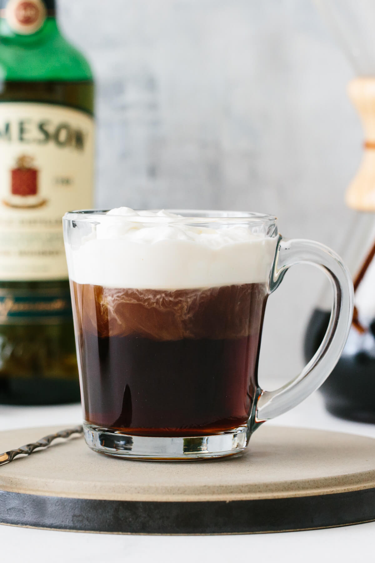Irish coffee on a serving plate.