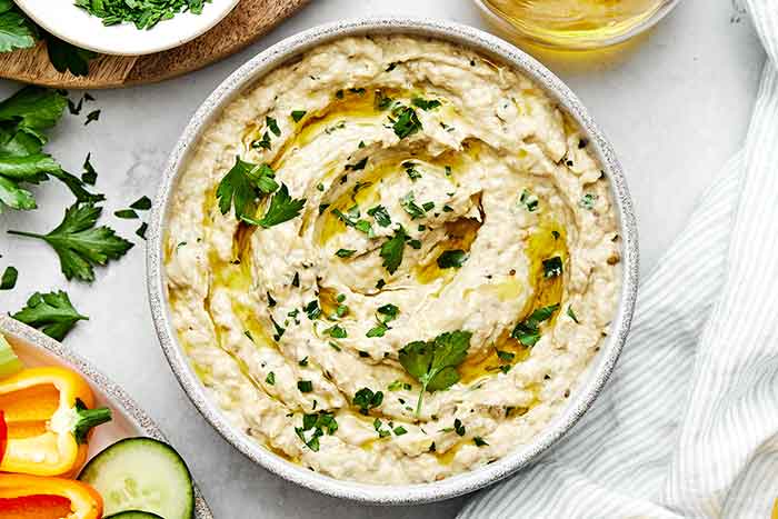 A bowl of baba ganoush.