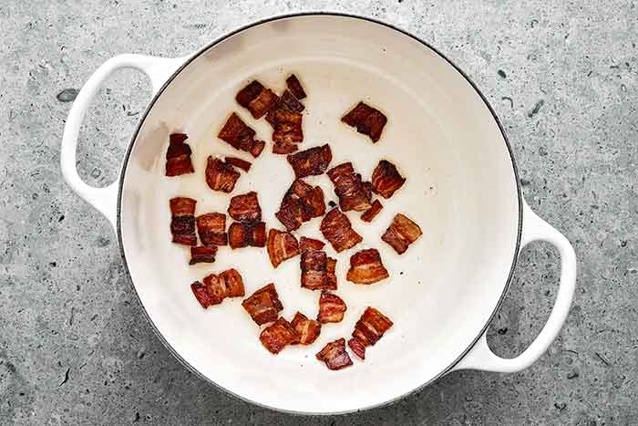 Step two of lamb stew: cook the bacon.