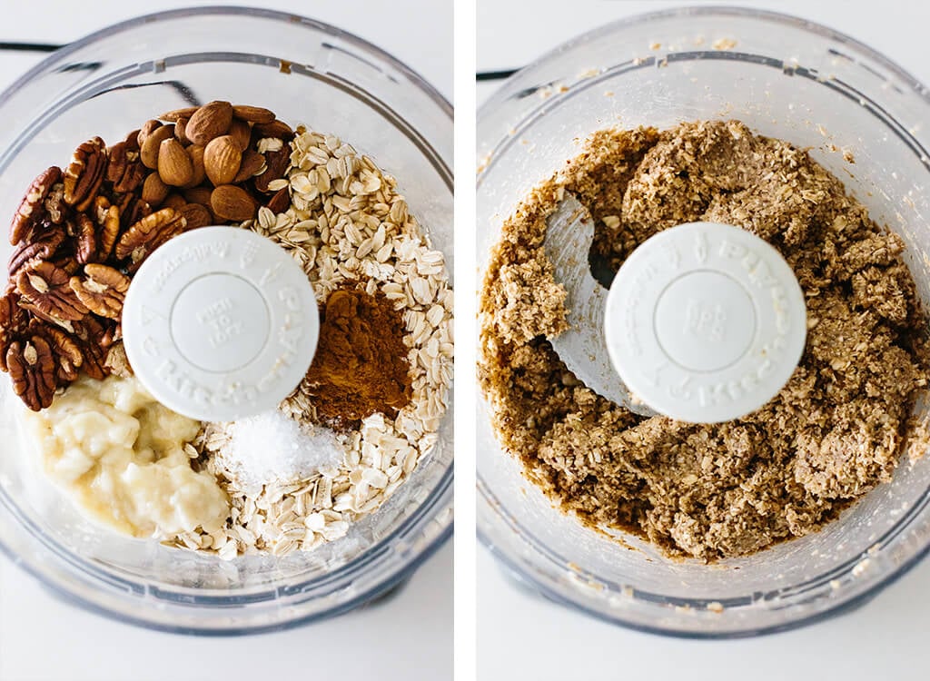 Ingredients for the banana bread energy balls in a food processor.
