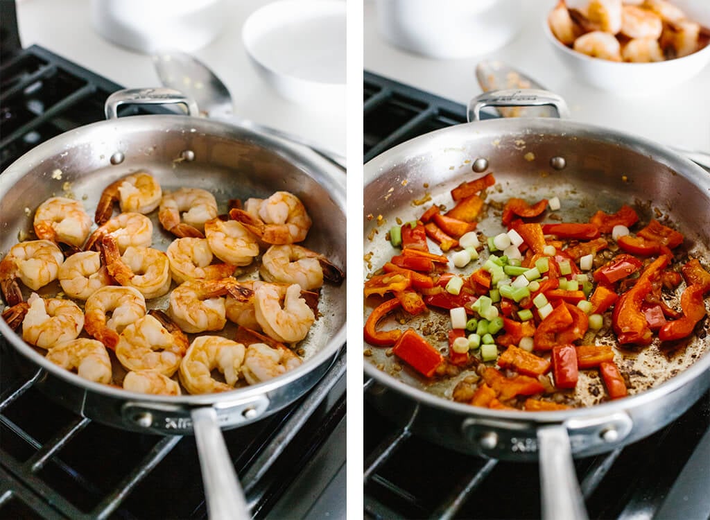 Making the creamy chipotle shrimp recipe in a saute pan on the stove.