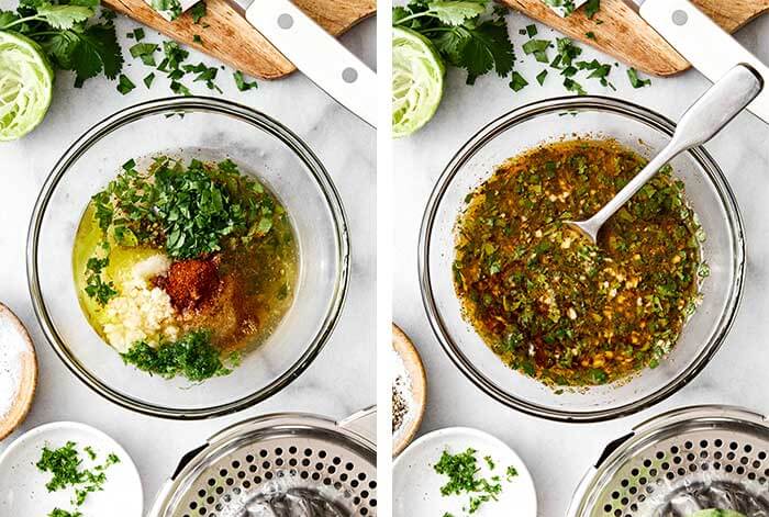 Making cilantro lime chicken marinade in a bowl.