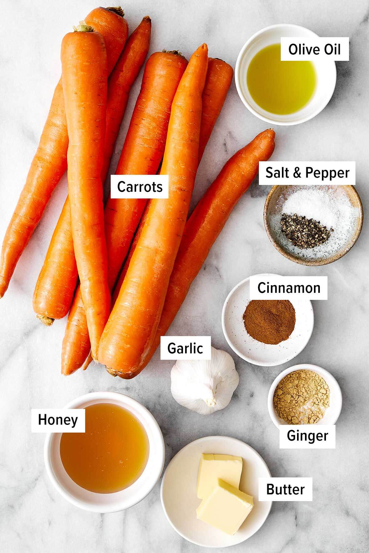 Ingredients for honey roasted carrots.