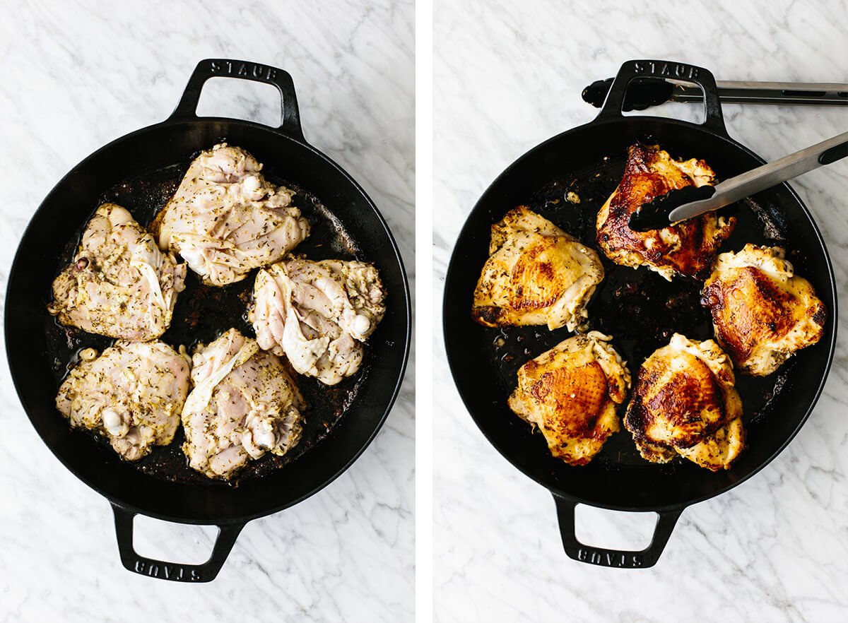 Searing the chicken thighs in a cast iron pan.