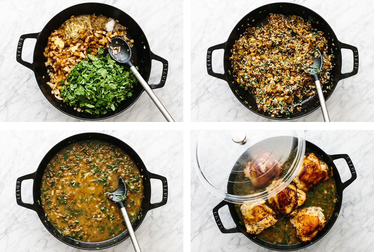 Showing how to make chicken and rice with four steps in a pan.