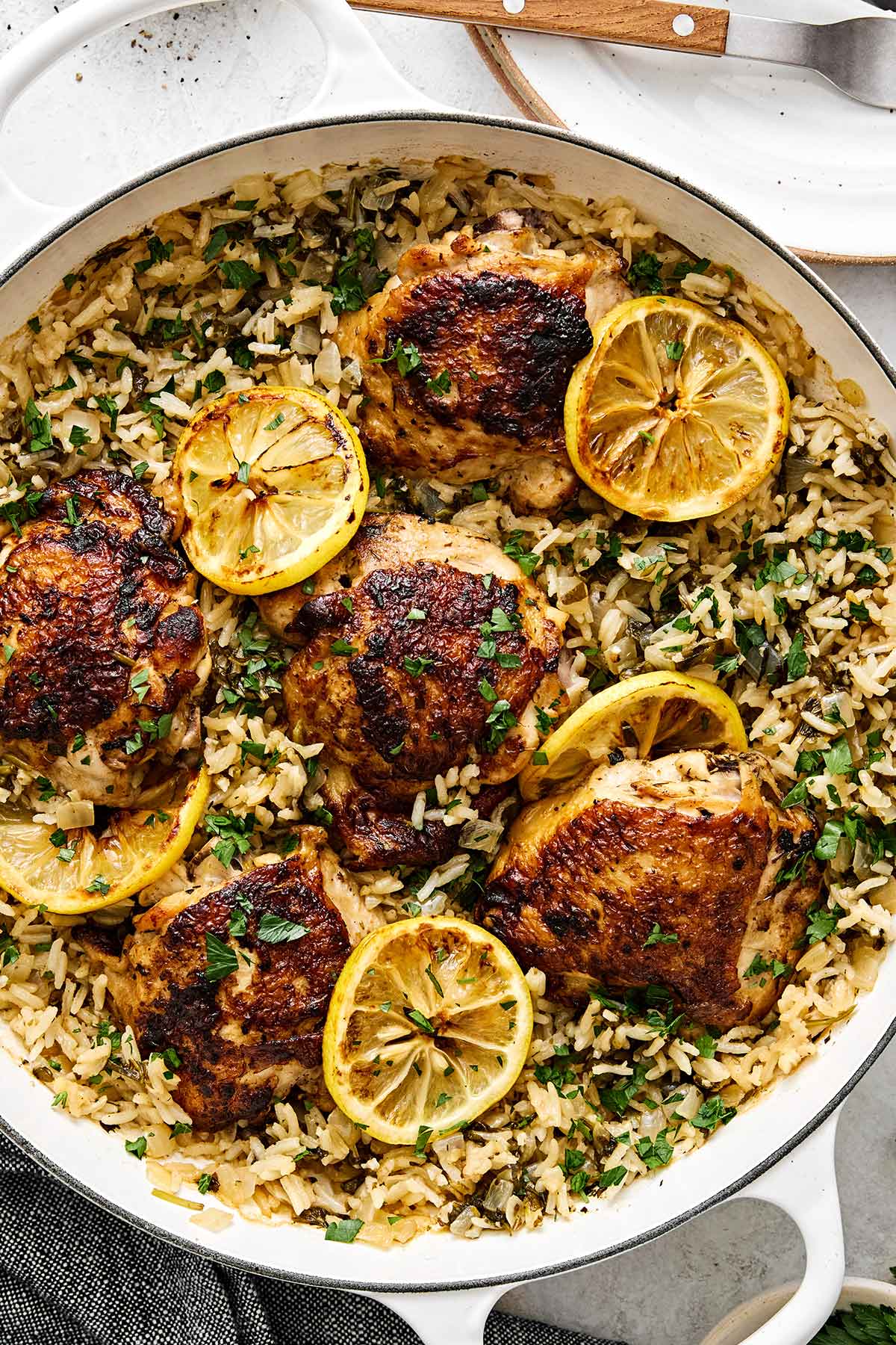 One pan chicken and rice with Mediterranean flavors.