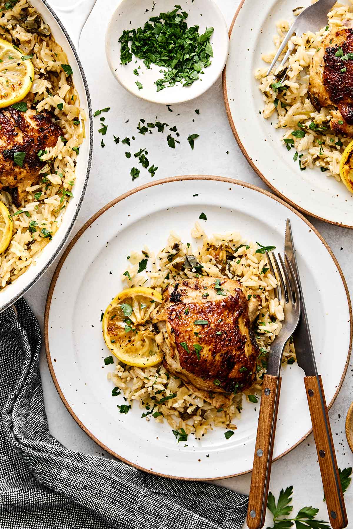 Chicken and rice on plates.