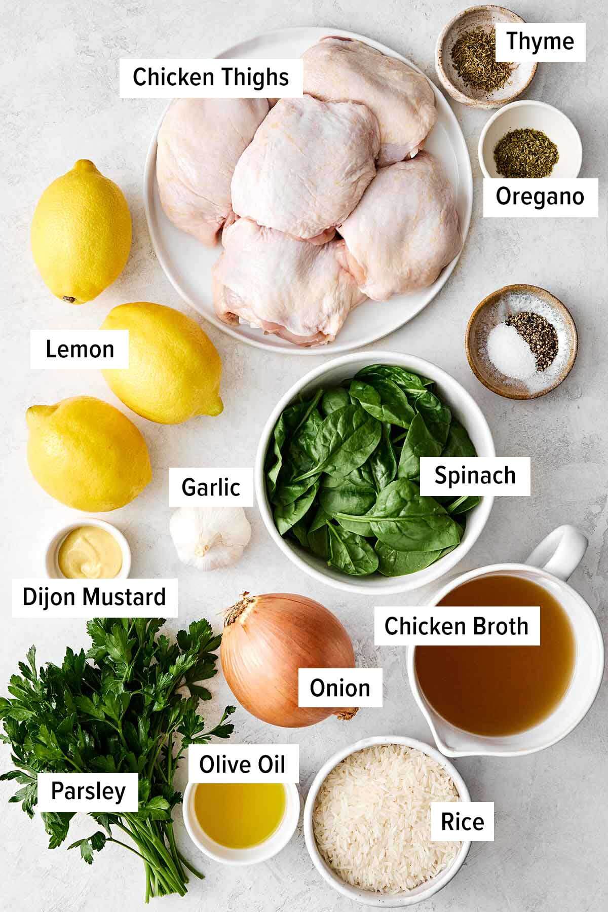 One pan chicken and rice ingredients.