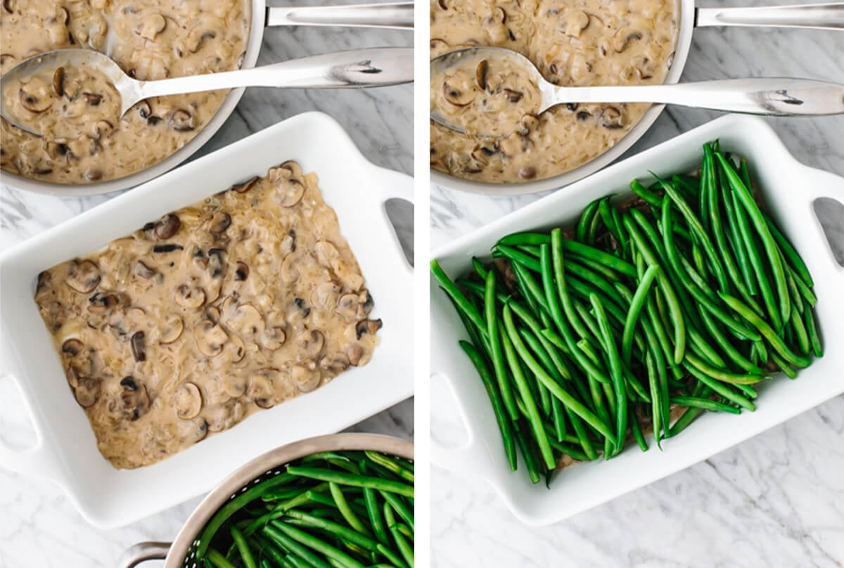 Green beans and mushrooms being layered into a casserole dish.