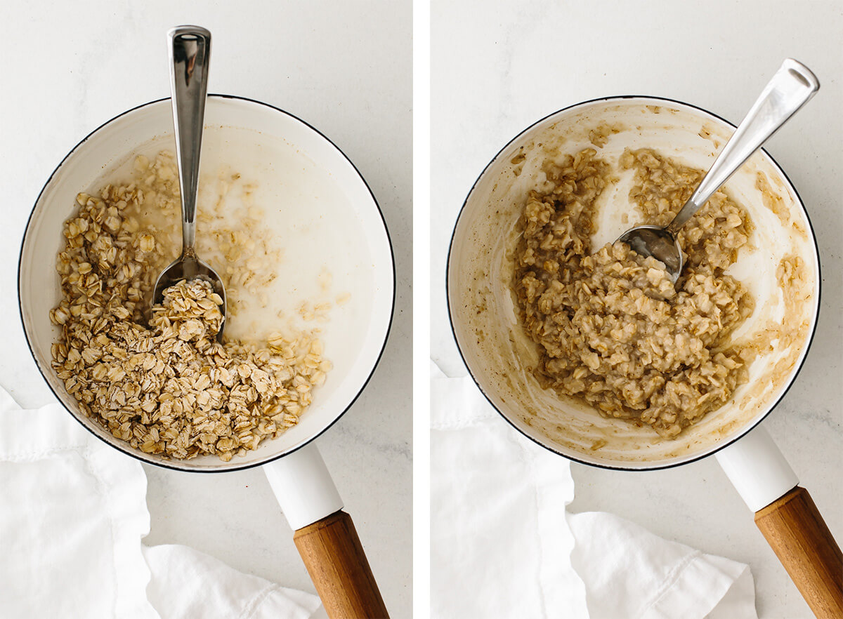 Oatmeal being boiled and stirred in a pot.