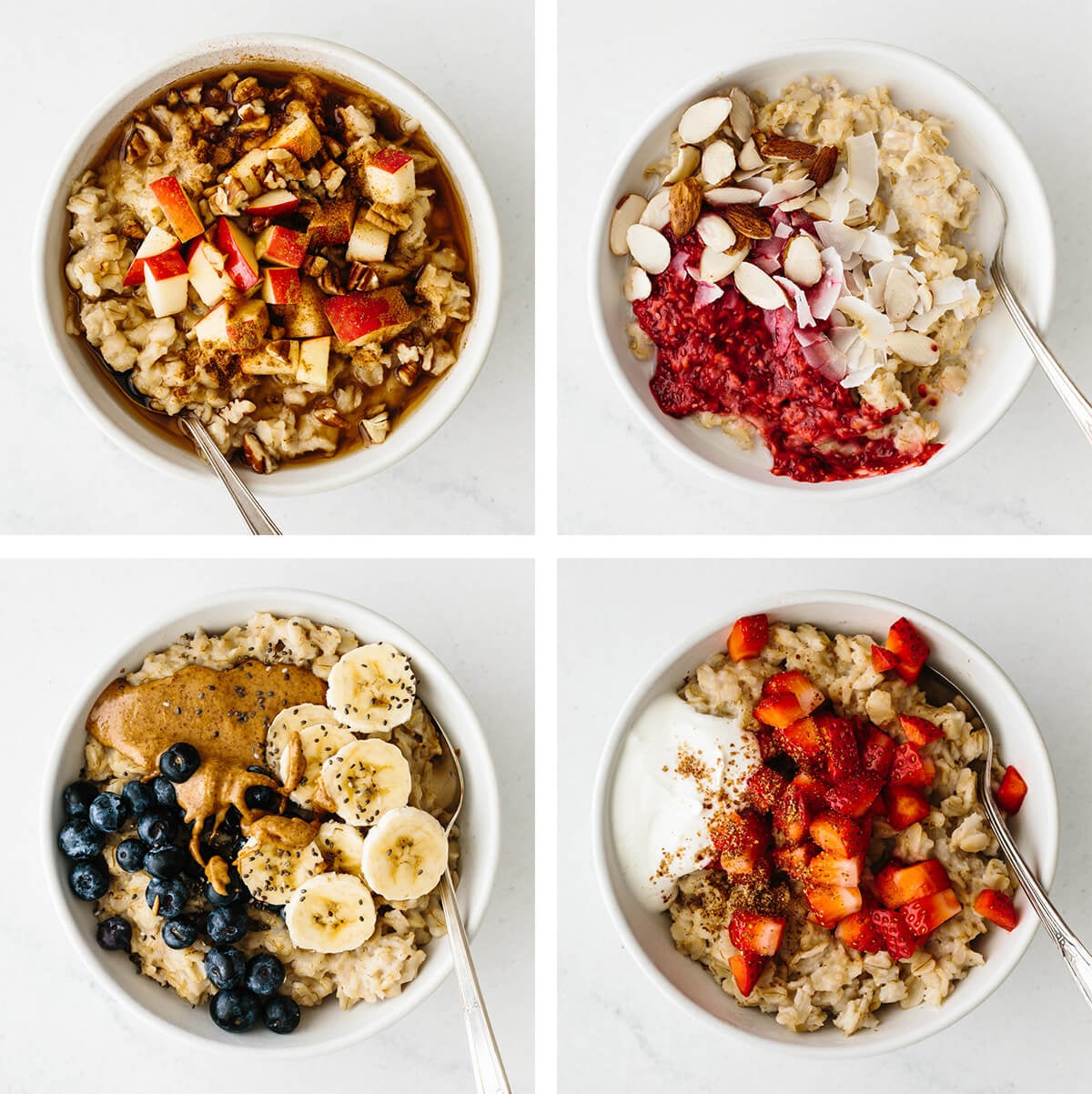 Bowls of sweet oatmeal flavors on a table.