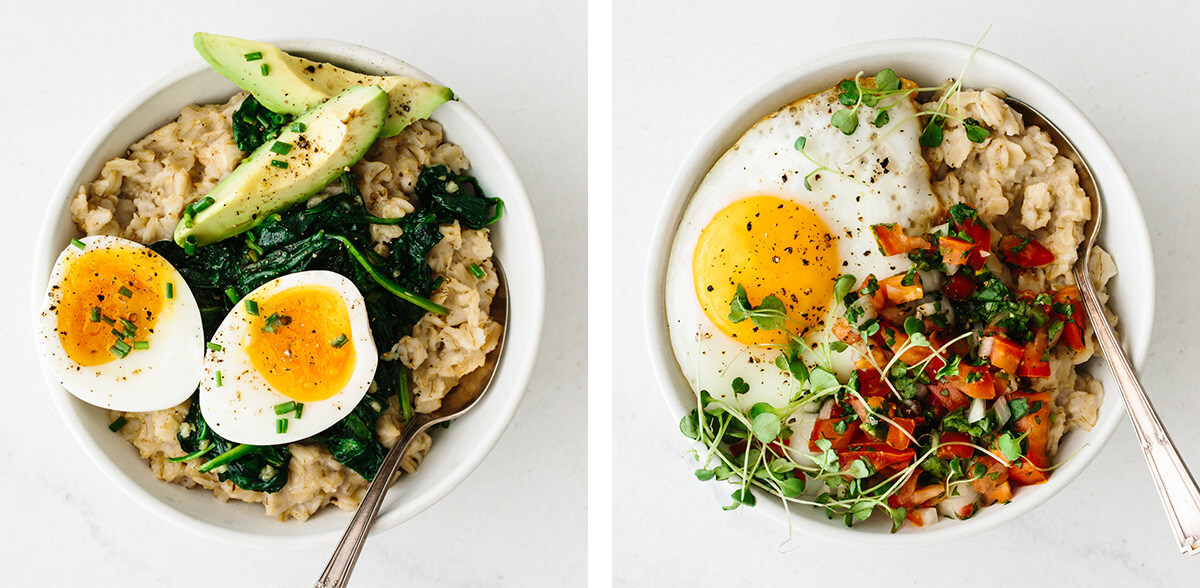 Savory oatmeal recipes in 2 bowls.