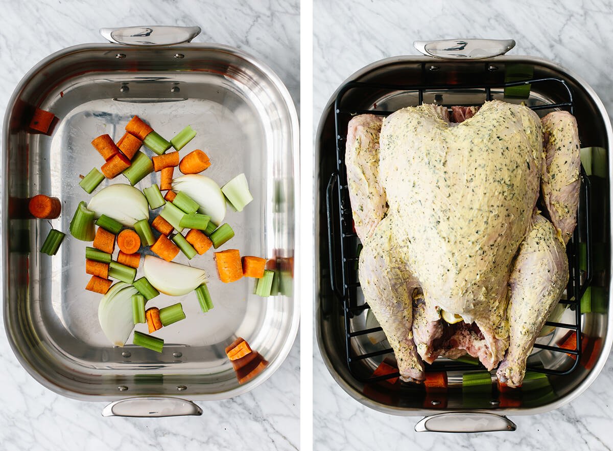 This is the BEST Thanksgiving turkey recipe. You don't need to brine and you don't need to baste. Just a few simple steps and you'll have a perfectly golden, juicy, and insanely flavorful roasted turkey that'll impress your family and guests. Thanksgiving turkey on a roasting rack above vegetables.