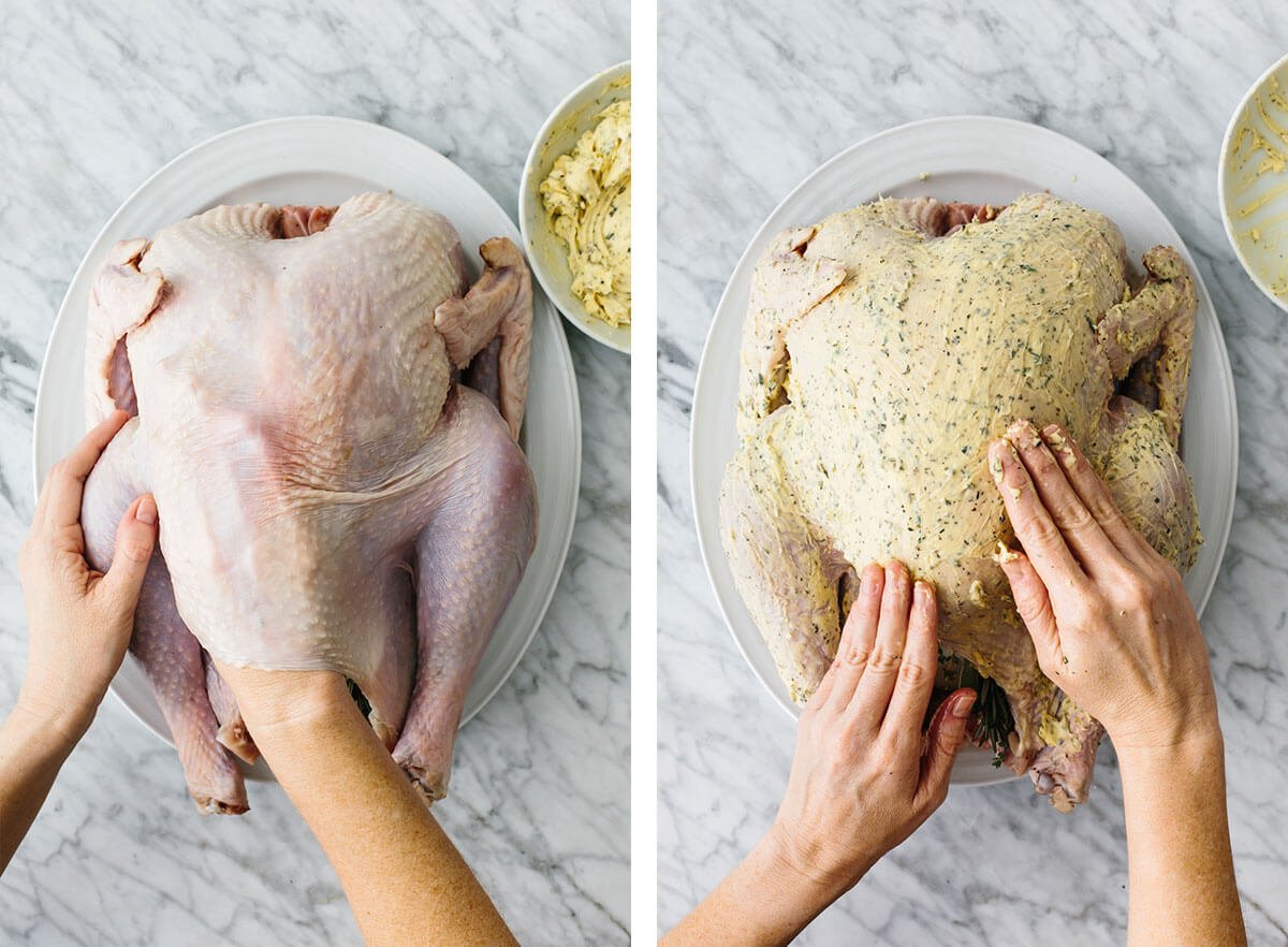 This is the BEST Thanksgiving turkey recipe. You don't need to brine and you don't need to baste. Just a few simple steps and you'll have a perfectly golden, juicy, and insanely flavorful roasted turkey that'll impress your family and guests. Spreading herb butter all over Thanksgiving turkey