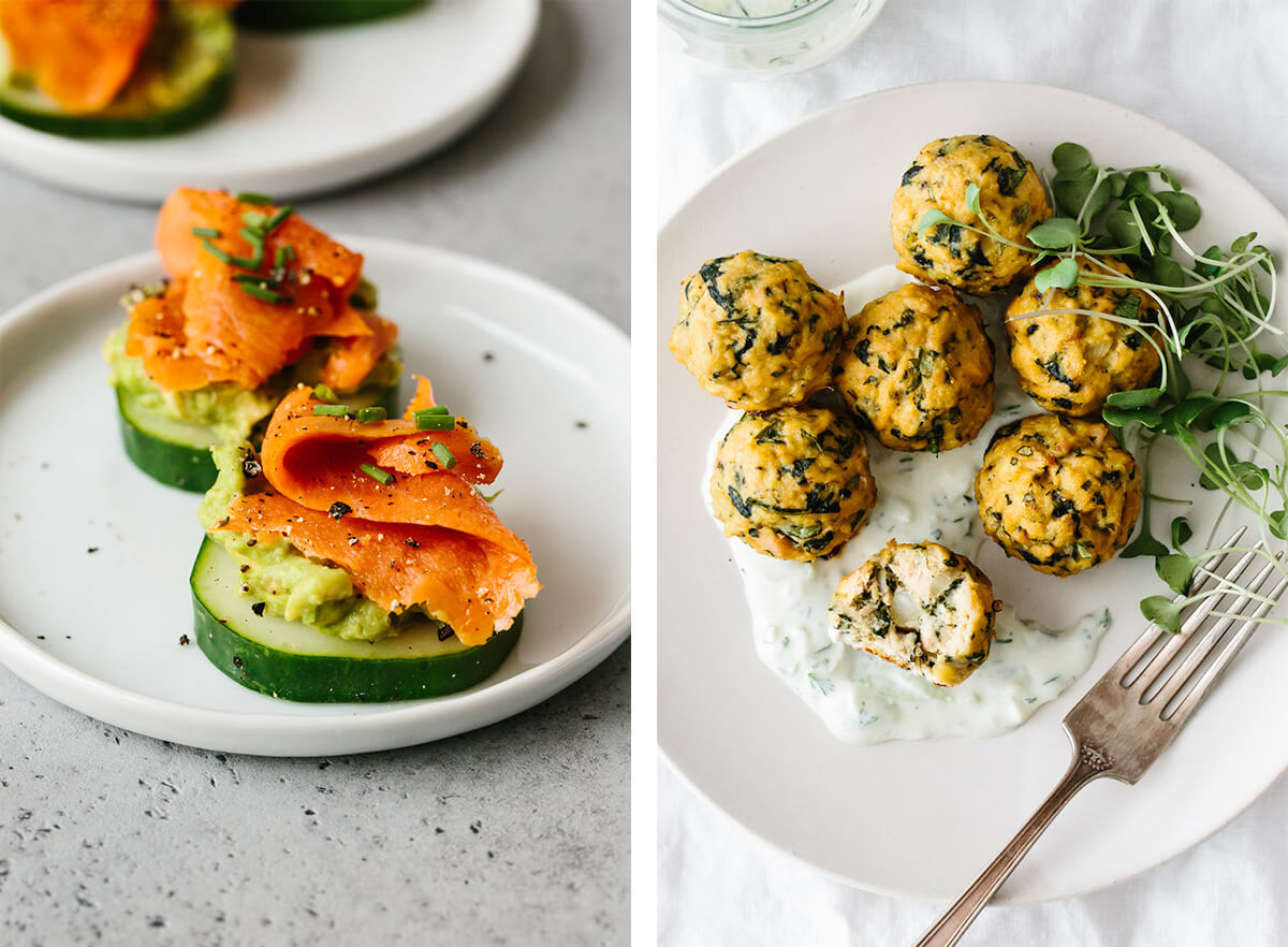 Whole30 snacks with tuna meatballs and smoked salmon bites.