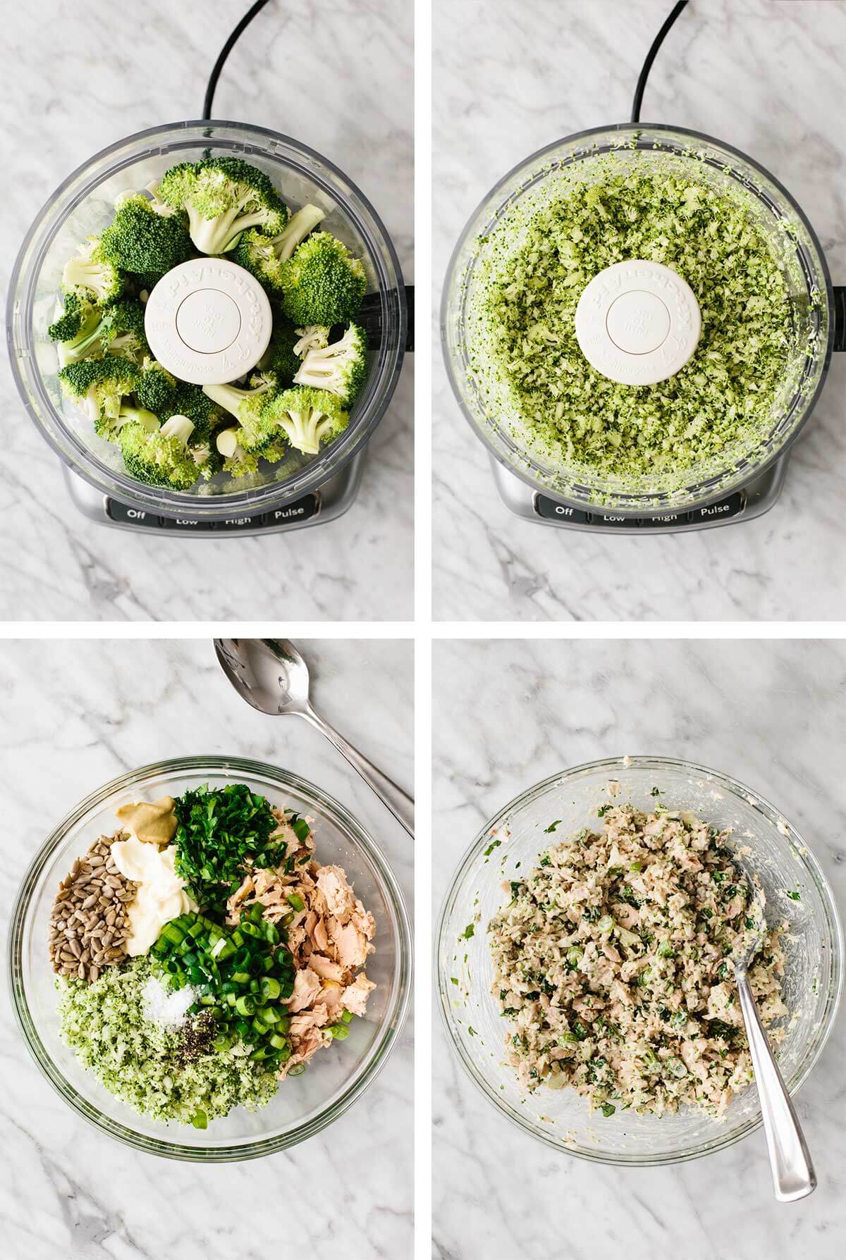 Mixing ingredients for a broccoli tuna salad in a bowl.