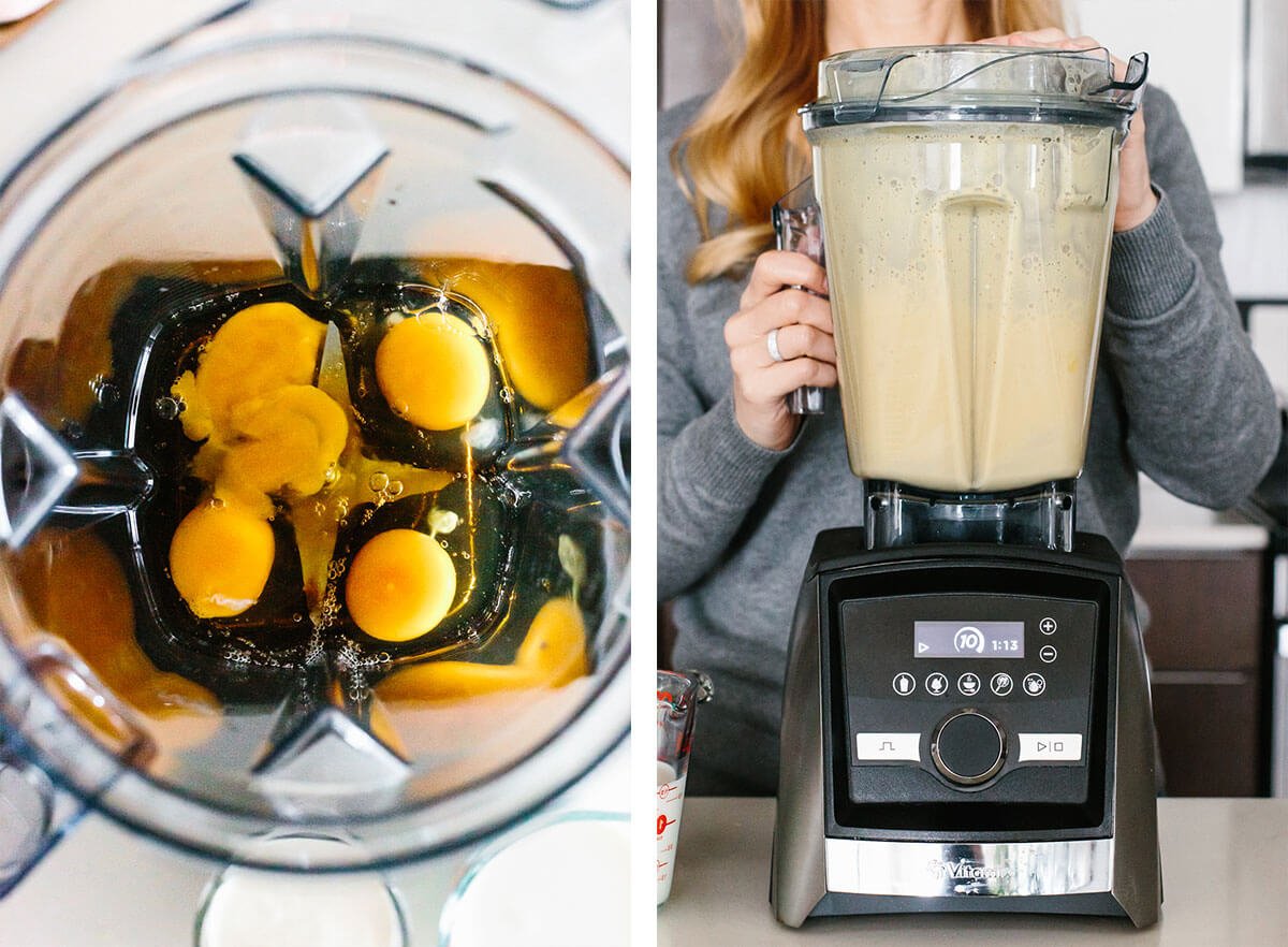 Blending eggs and maple syrup for eggnog.