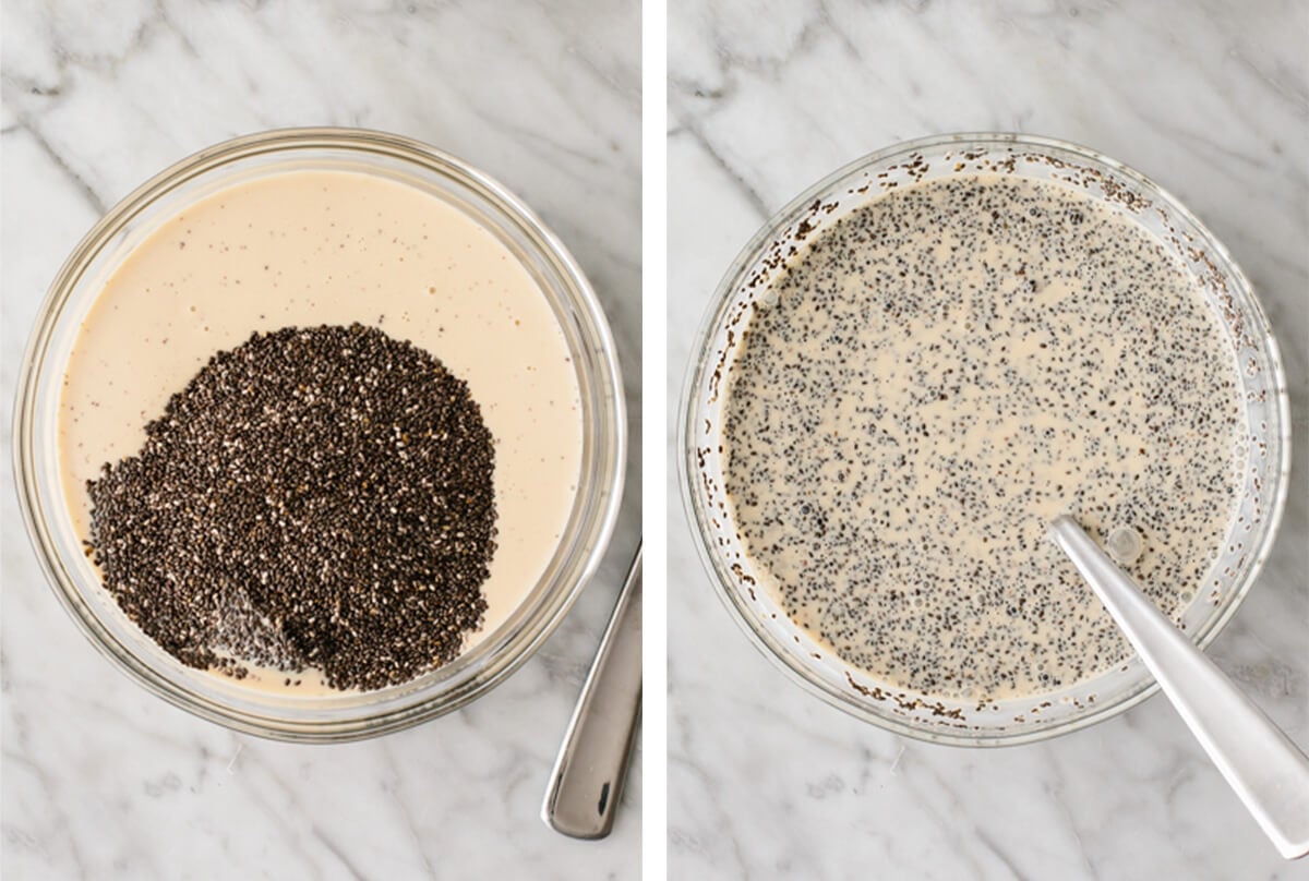 Mixing eggnog chia pudding in a glass bowl with a spoon.