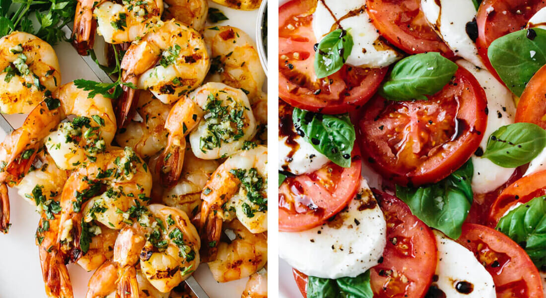Mediterranean recipes with grilled shrimp and caprese salad.