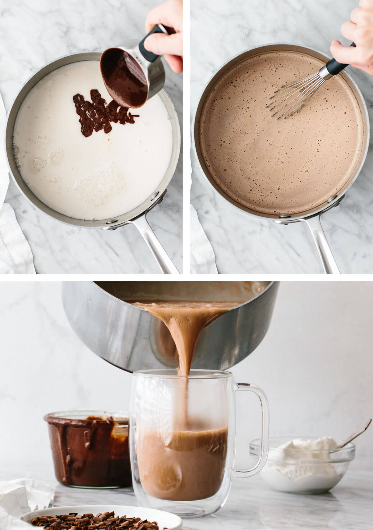 Making nutella hot chocolate in a sauce pan then pouring into a cup.
