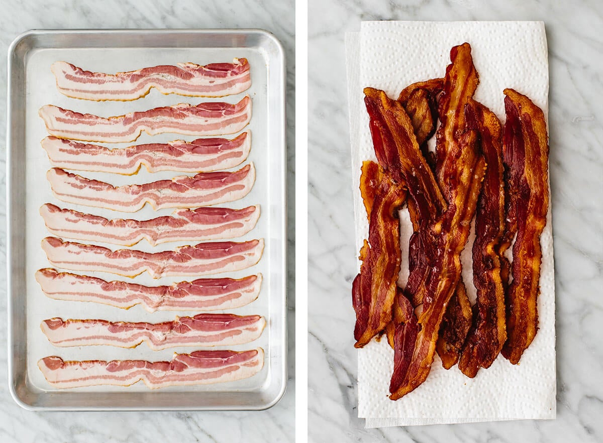 Baked bacon on a sheet pan for stuffed mini peppers.