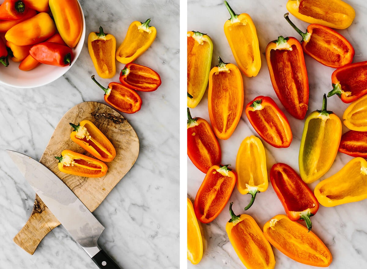 Slicing and scooping seeds out of mini bell peppers.