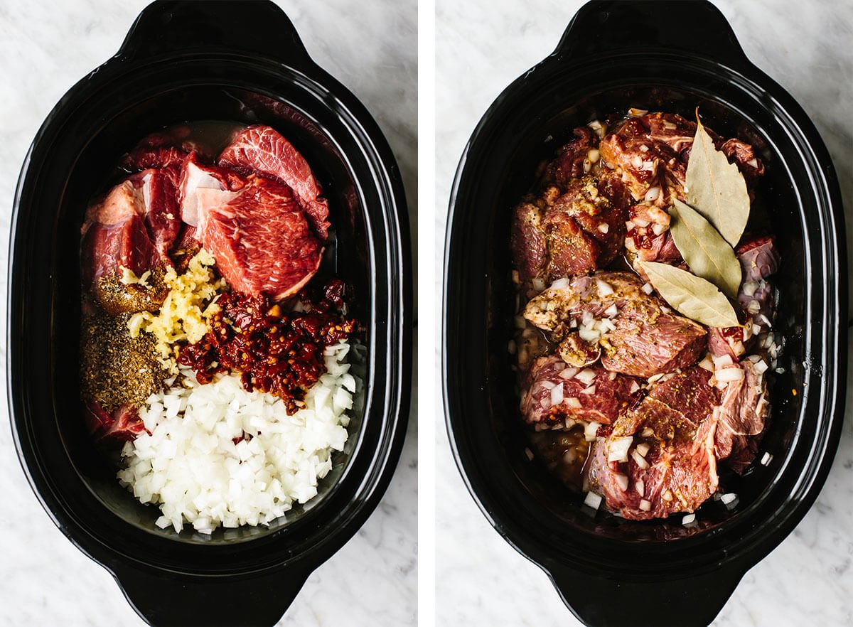 Mexican beef barbacoa that's juicy, meltingly tender, seasoned with flavorful chilies and spices, and made easy right in the slow cooker! Prepping ingredients in the slow cooker for beef barbacoa.