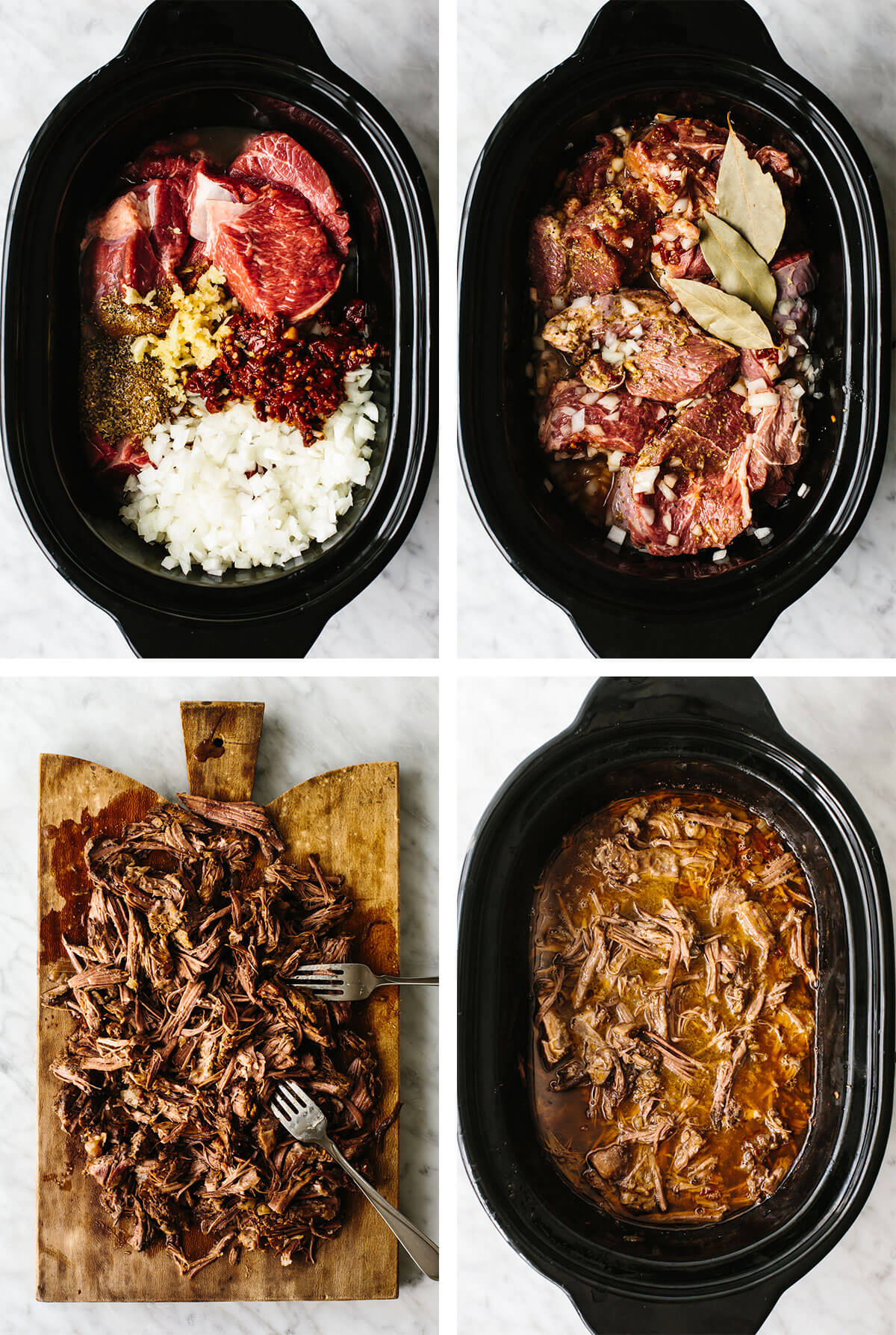 Preparing barbacoa tacos in the slow cooker.