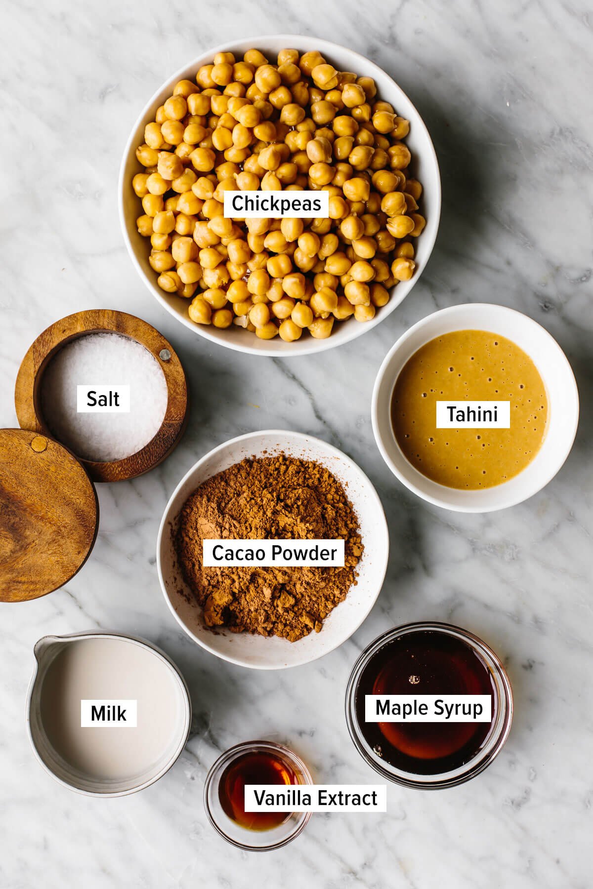 Ingredients for chocolate hummus on a table.