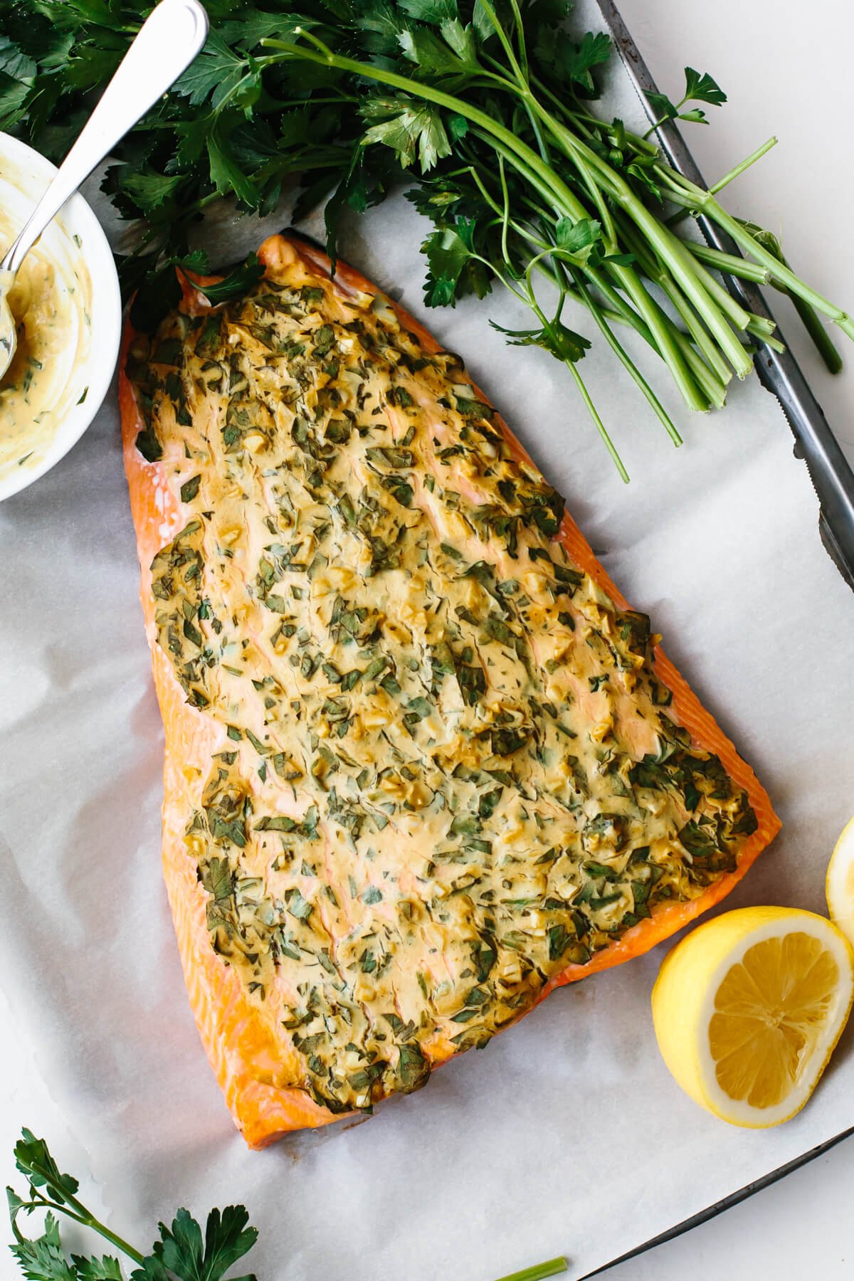 Dijon baked salmon on parchment paper.