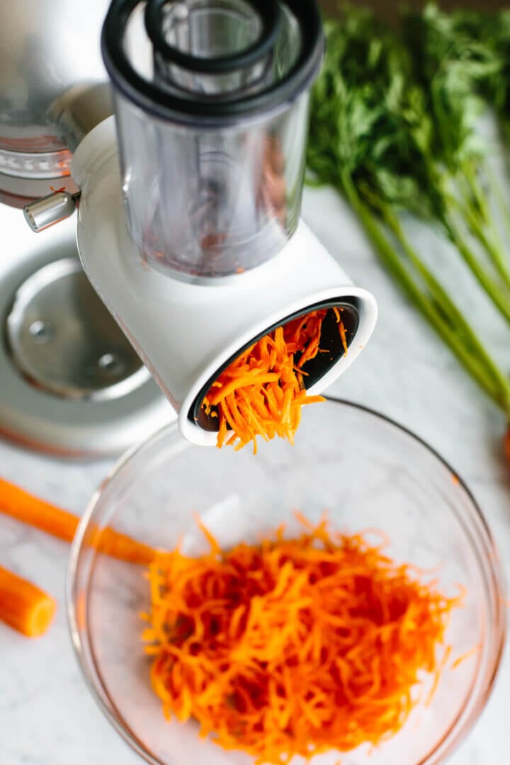Shredding carrots for carrot cake.