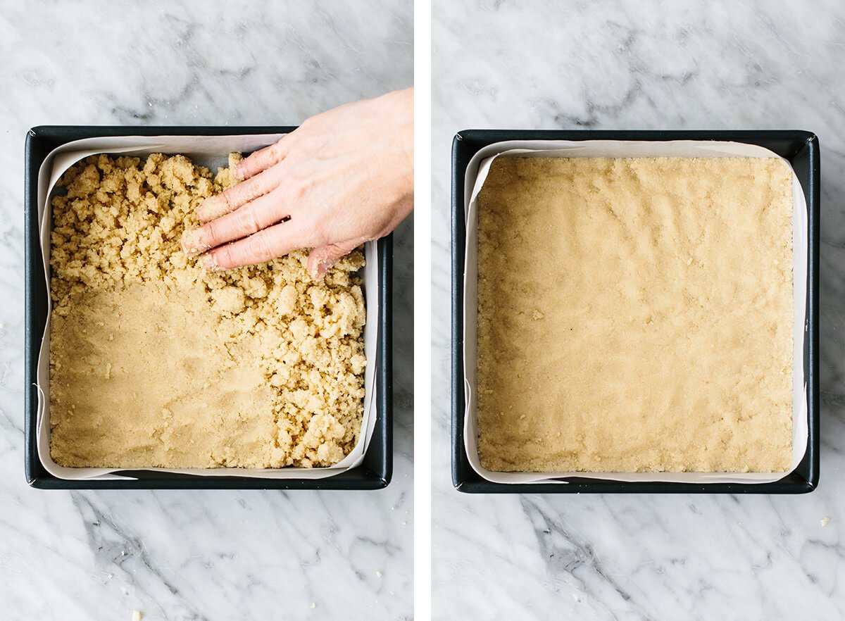 These lemon bars have a gluten-free shortbread-like crust and a bright, luscious filling that's the perfect balance of sweet and tangy! Pressing lemon bar crust into a pan.