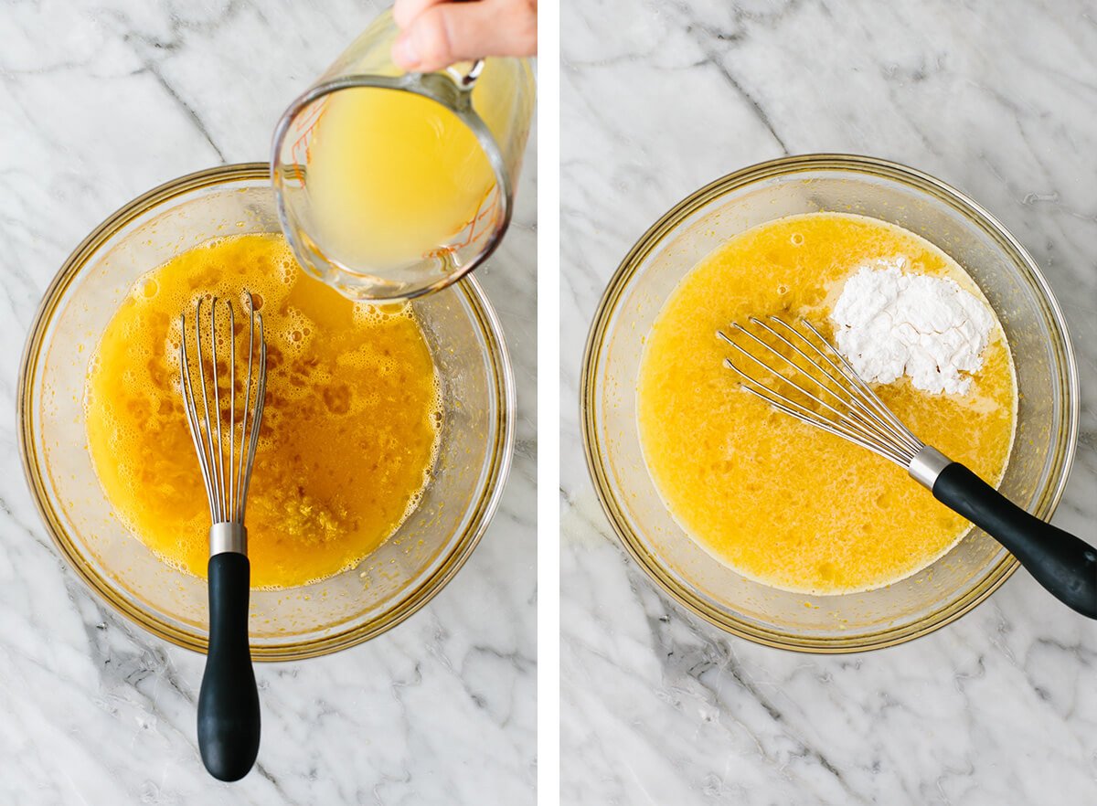 These lemon bars have a gluten-free shortbread-like crust and a bright, luscious filling that's the perfect balance of sweet and tangy! Mixing lemon bar ingredients in a bowl.