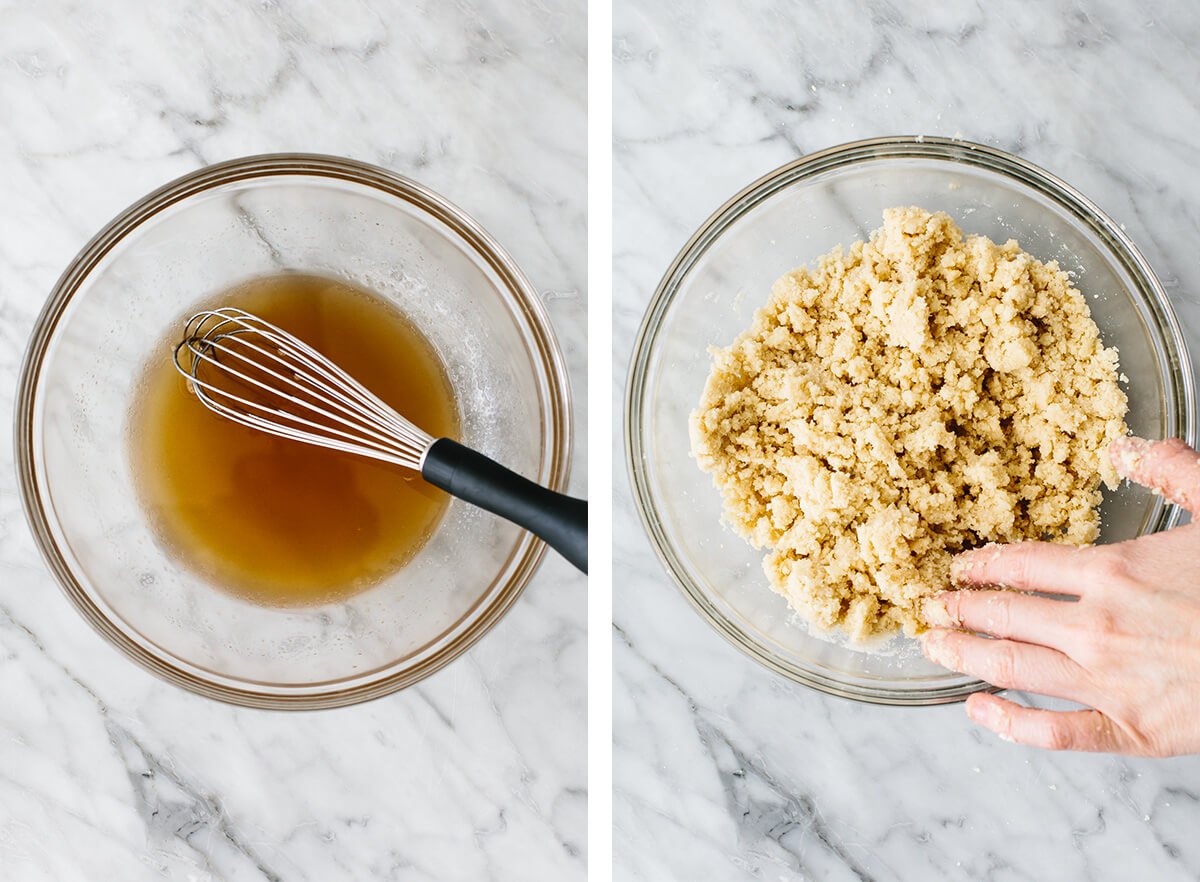These lemon bars have a gluten-free shortbread-like crust and a bright, luscious filling that's the perfect balance of sweet and tangy! Mixing crust in a bowl for gluten-free lemon bars