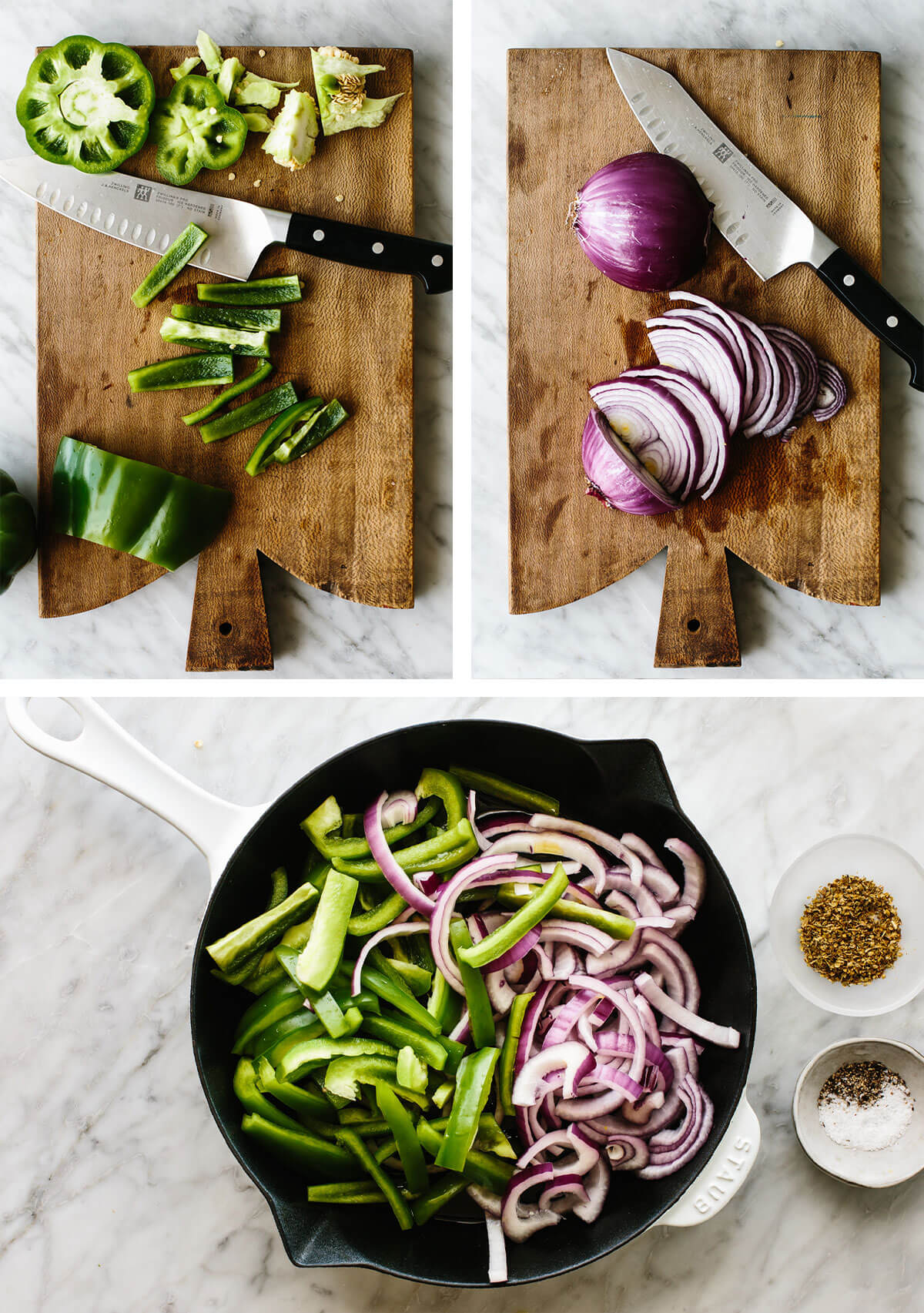 Slicing fajita veggie ingredients on a cutting board.