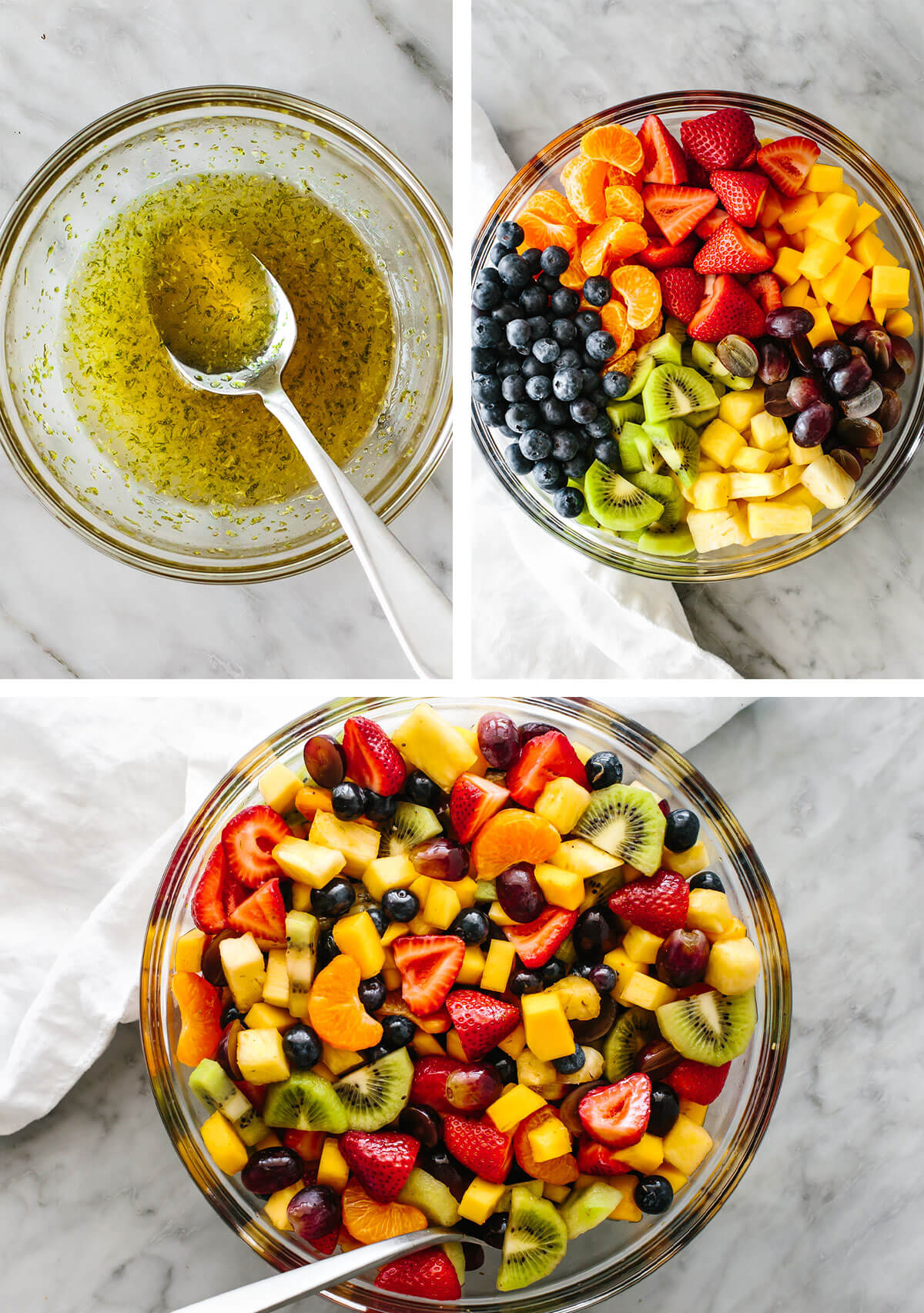 This summertime classic fruit salad is a simple combo of juicy seasonal fruit drizzled with a bright honey lime dressing. A must-have for picnics and beach days! Mixing a fruit salad in a large glass bowl.