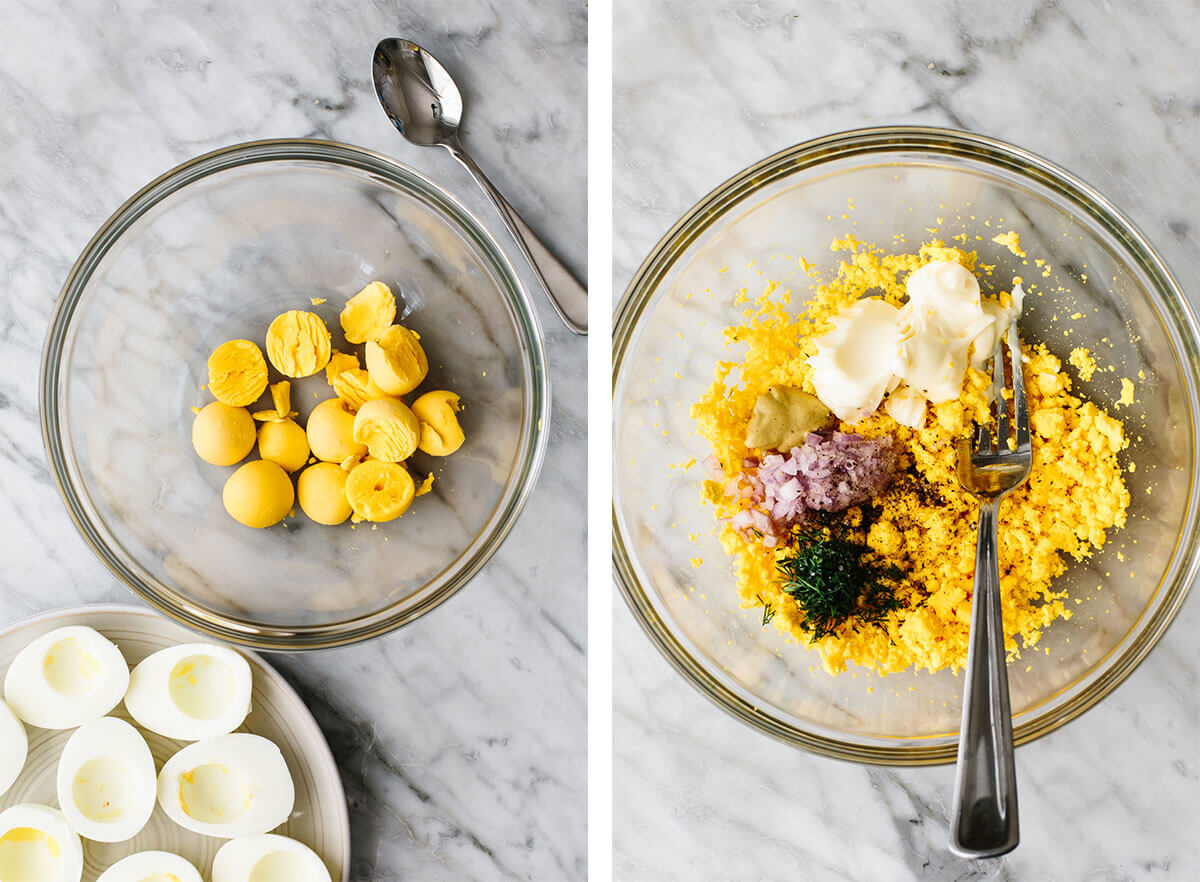 Making smoked salmon deviled eggs filling in a bowl.