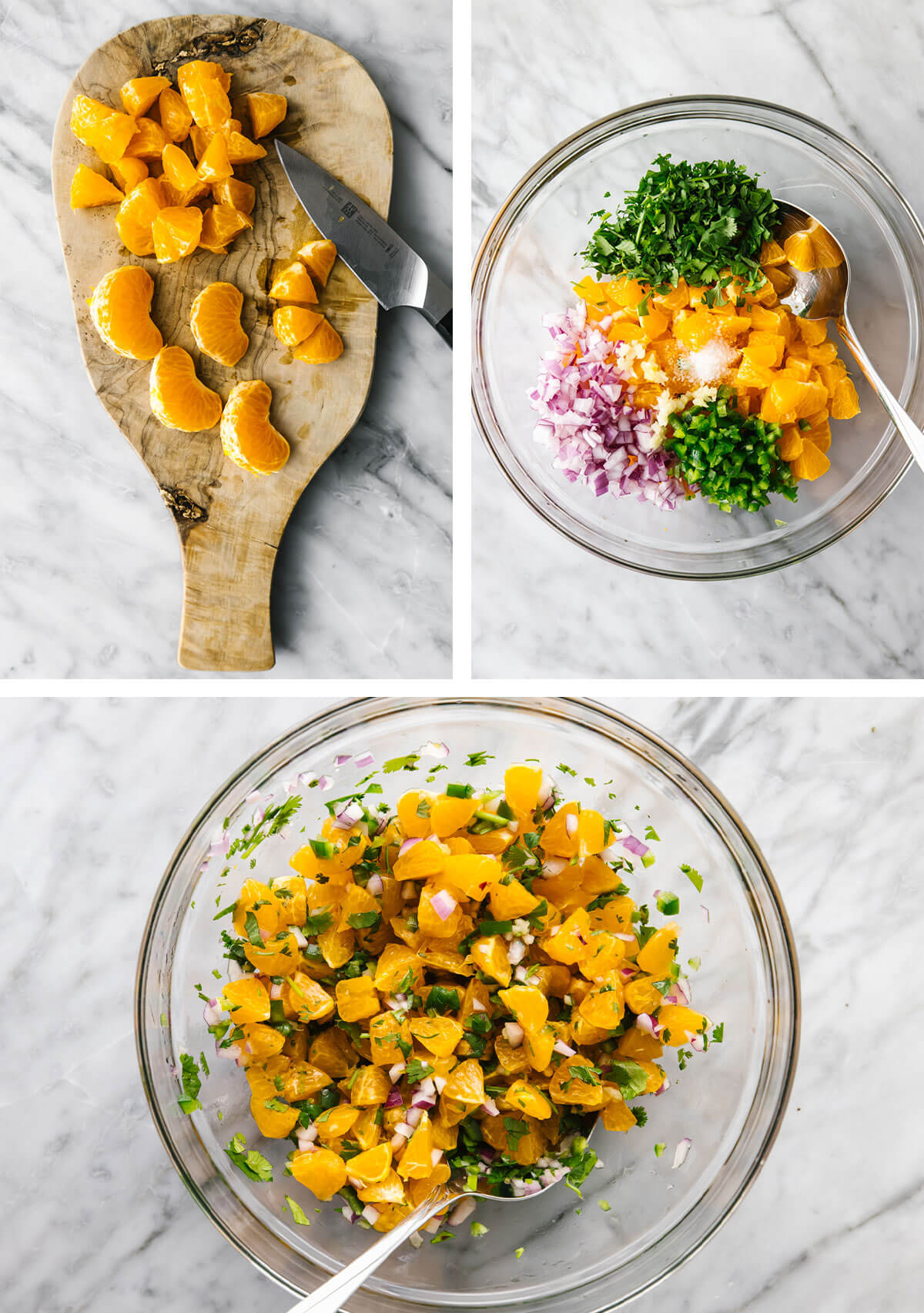 Mixing mandarin orange salsa in a glass bowl.