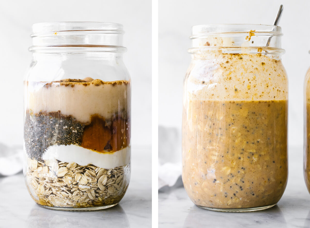 Making pumpkin pie overnight oats in a mason jar