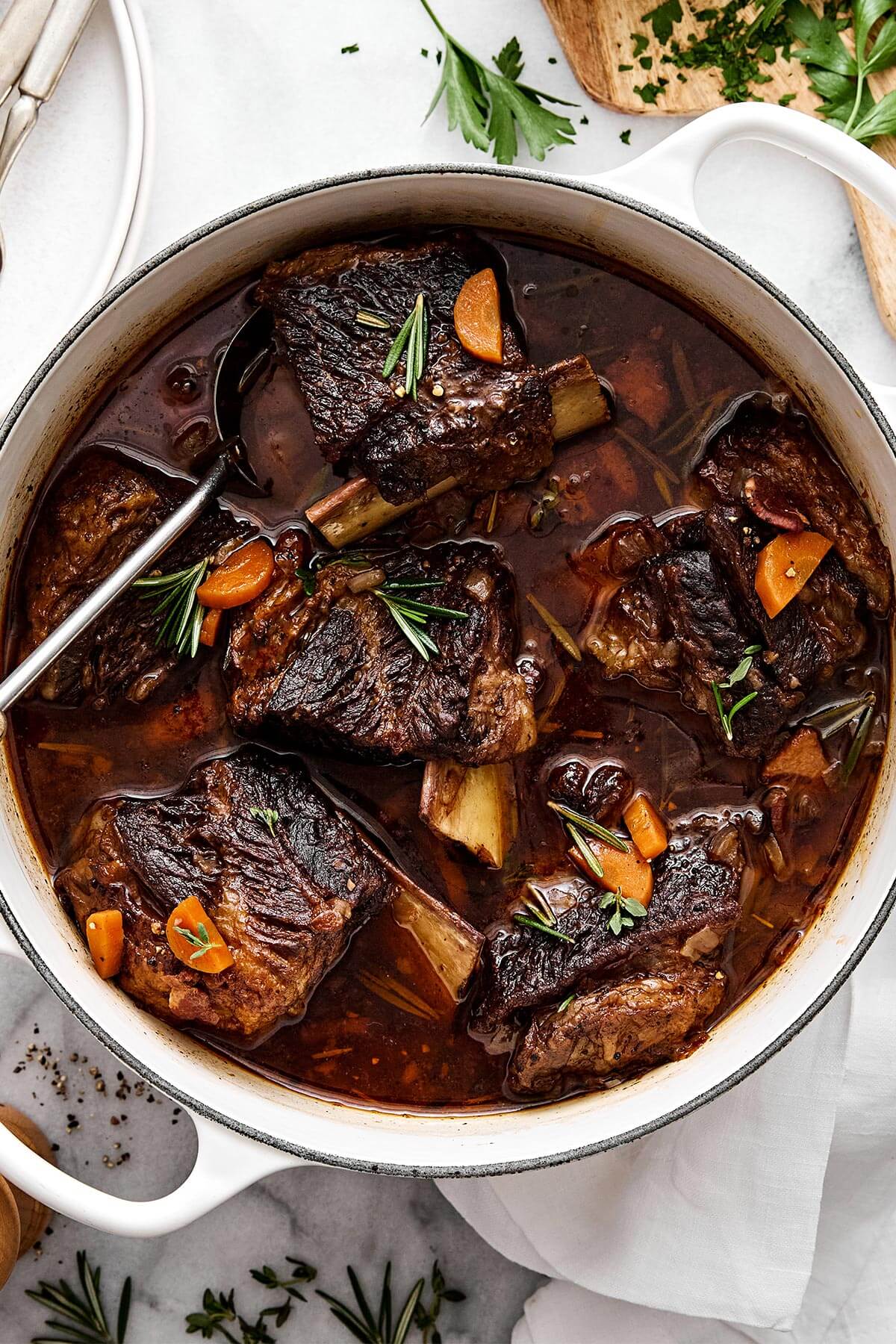 A pot of red wine braised short ribs.