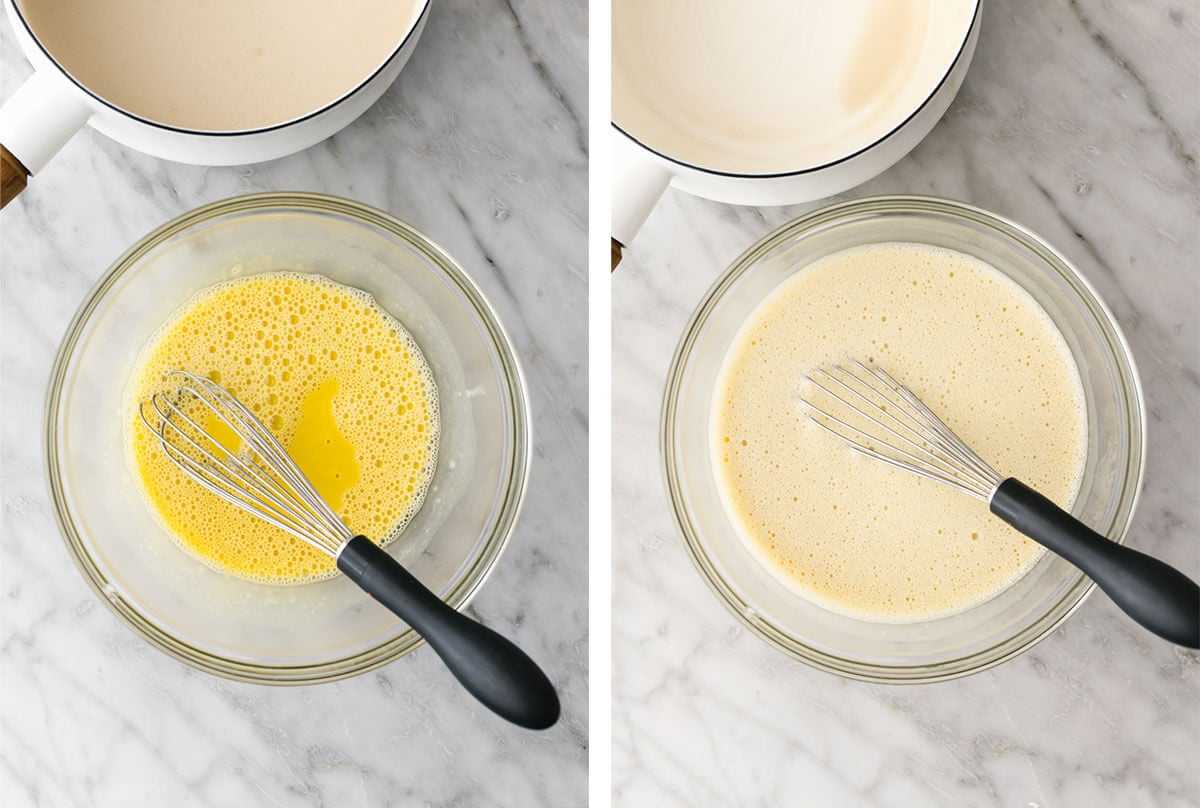Whisking a dairy-free coconut crème brûlée custard in a bowl.
