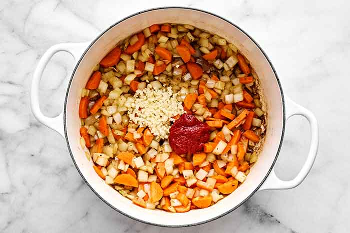 Cooked vegetables in a pot.