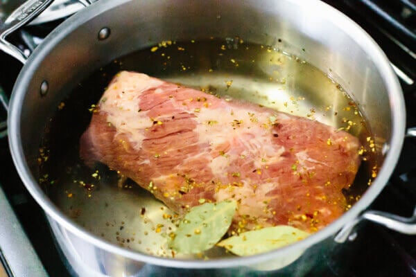 A pot cooking brisket for corned beef and cabbage