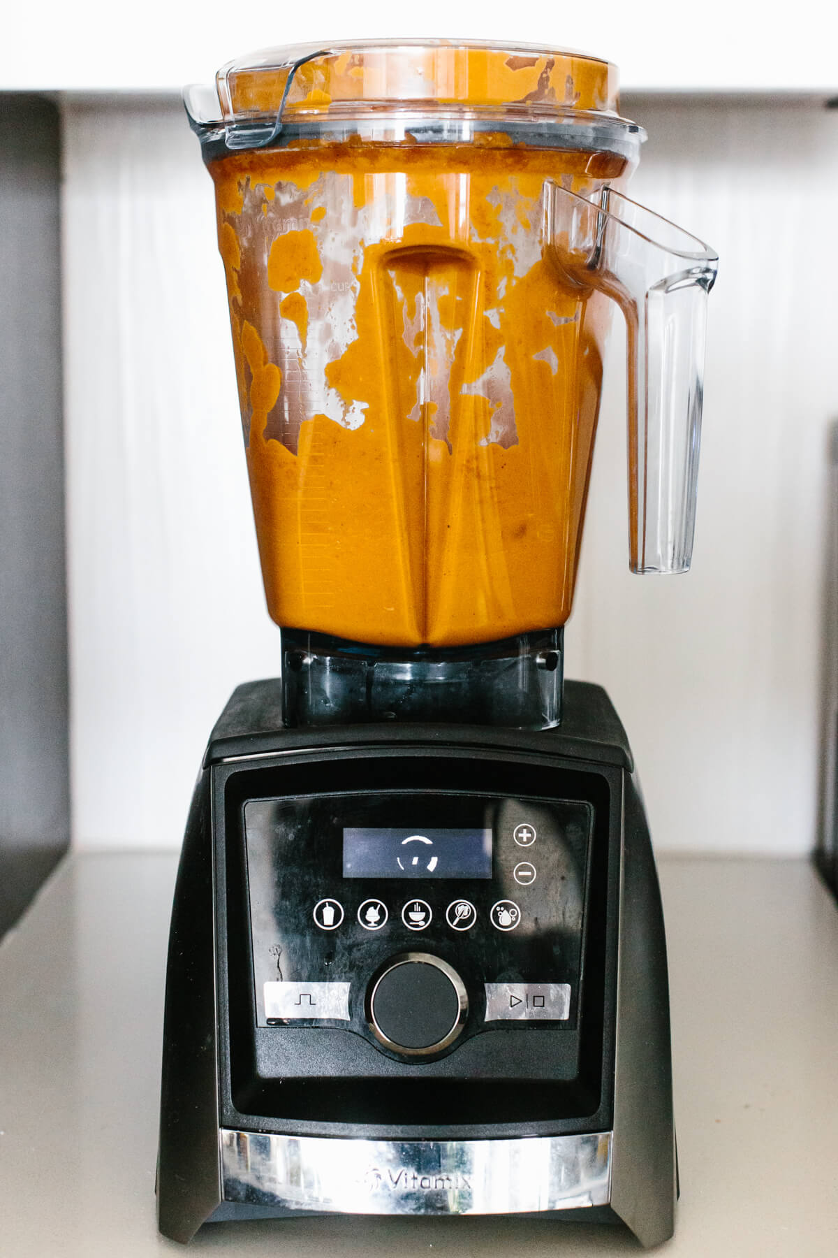 Blended butter chicken curry sauce in a Vitamix.