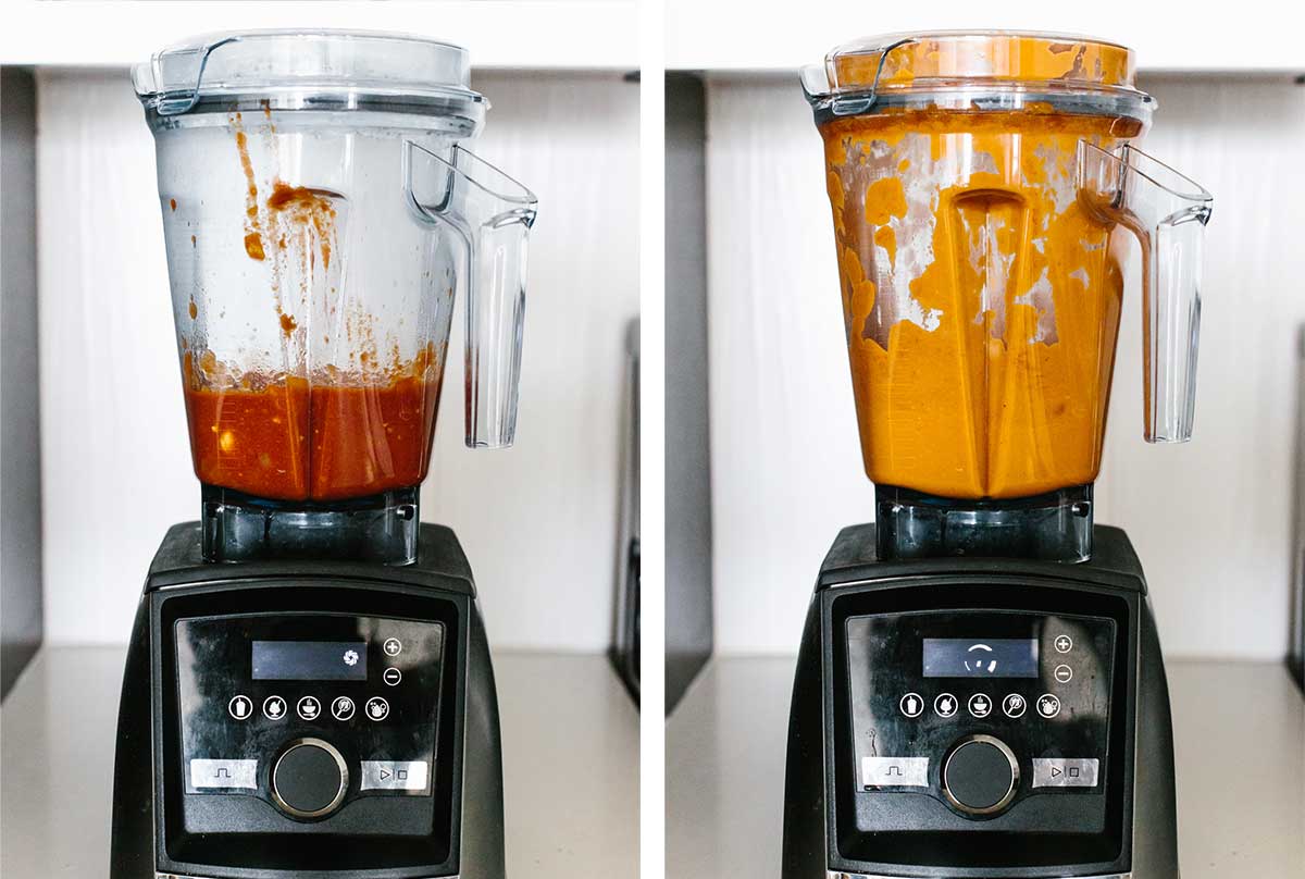 Blending butter chicken curry sauce in a blender