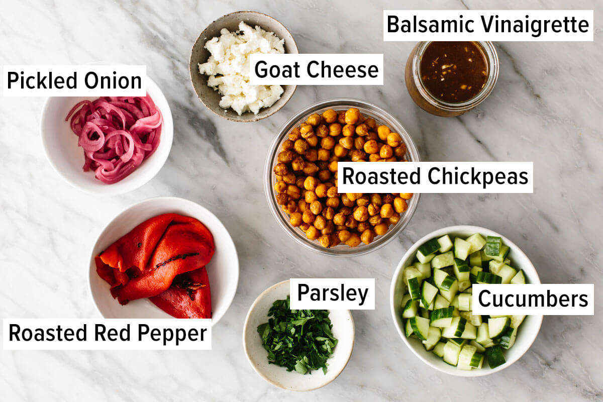 This budget meal prep shows that healthy eating doesn't have to break the bank. Turn 11 prepped ingredients into 7 meals that costs $3 or less! Ingredients for chickpea salad in a budget meal prep