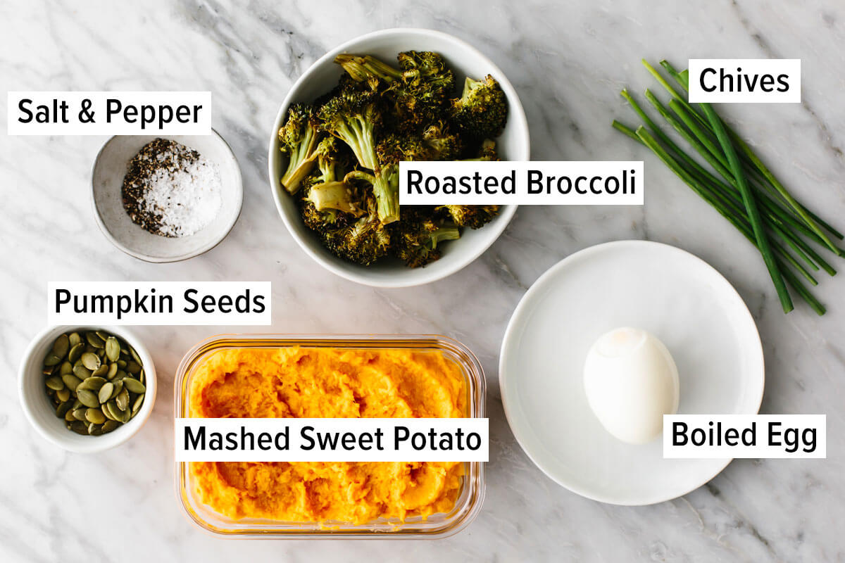 This budget meal prep shows that healthy eating doesn't have to break the bank. Turn 11 prepped ingredients into 7 meals that costs $3 or less! Ingredients for smashed sweet potato bowl for budget meal prep