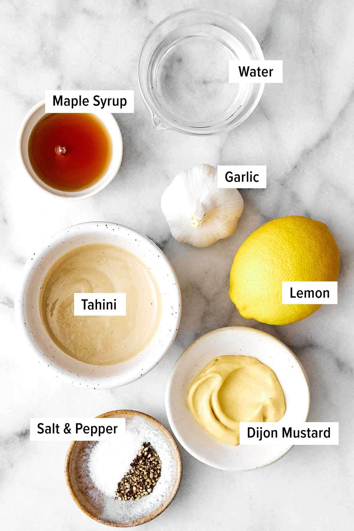 Ingredients for maple mustard tahini dressing.